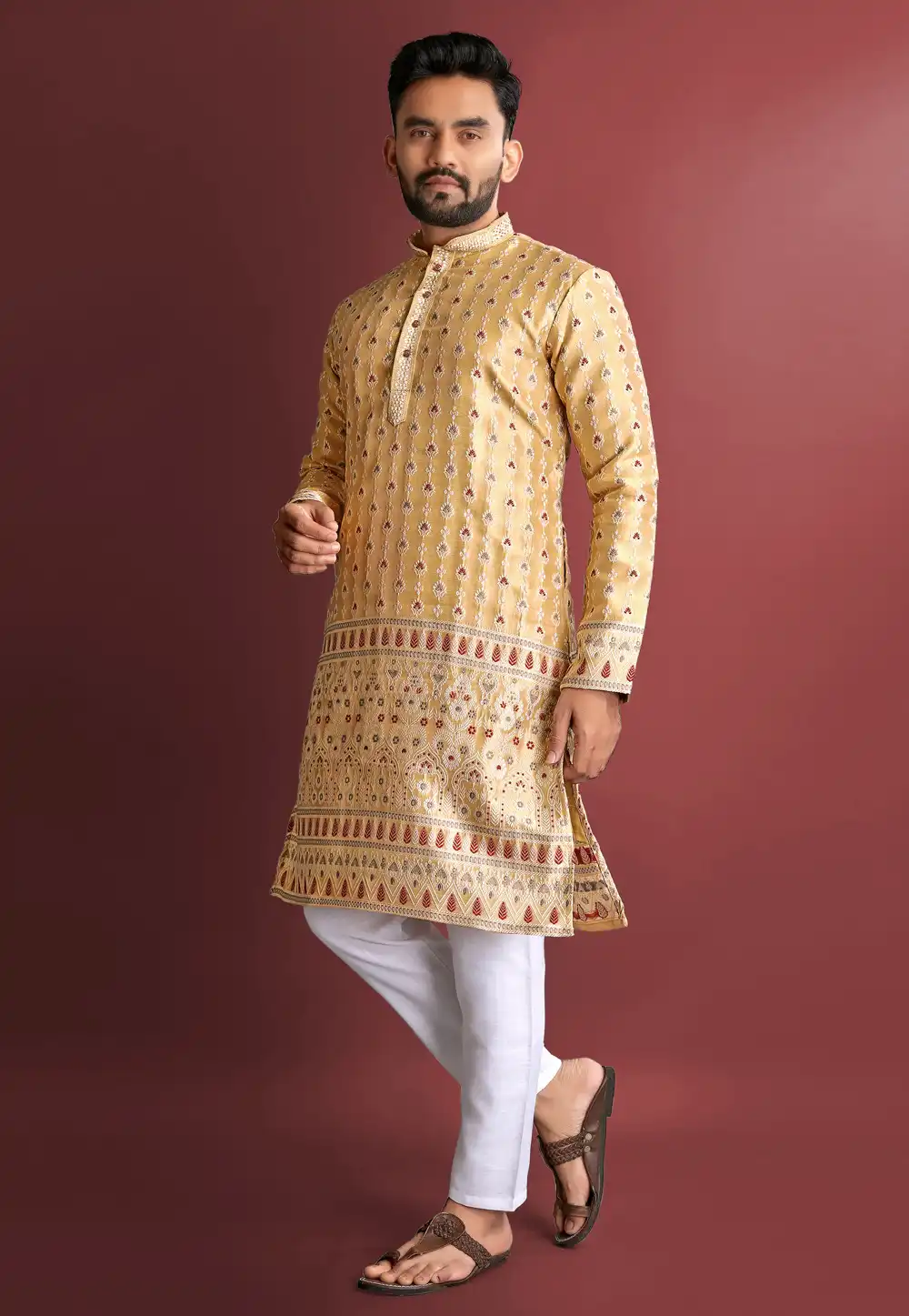 Yellow Jacquard Silk Kurta Pajama 293770