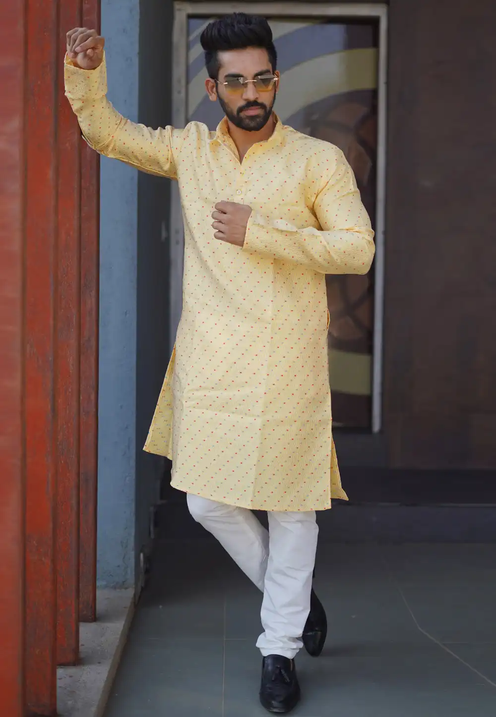 Yellow Jacquard Silk Kurta Pajama 293817