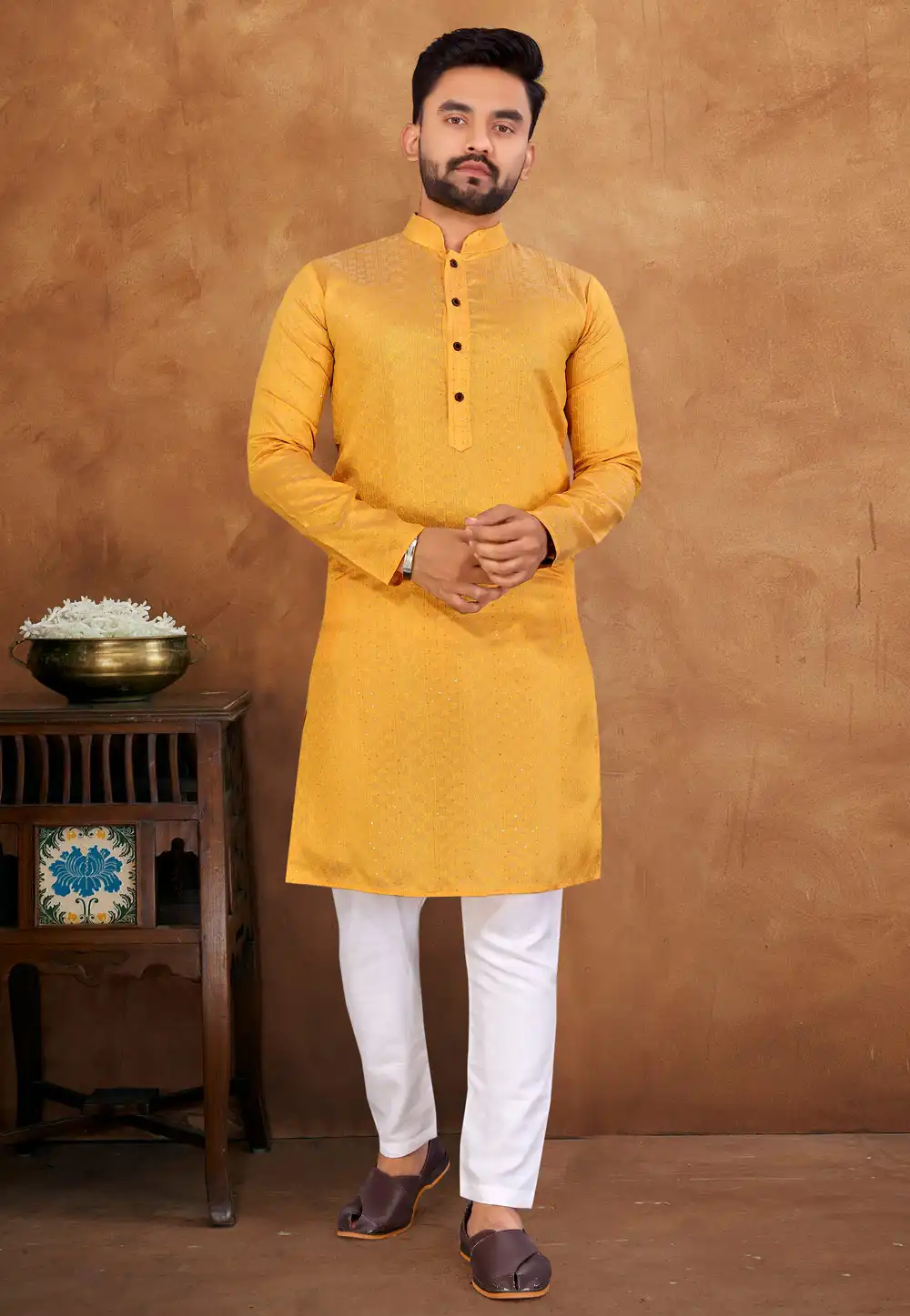 Yellow Jacquard Silk Kurta Pajama 293426