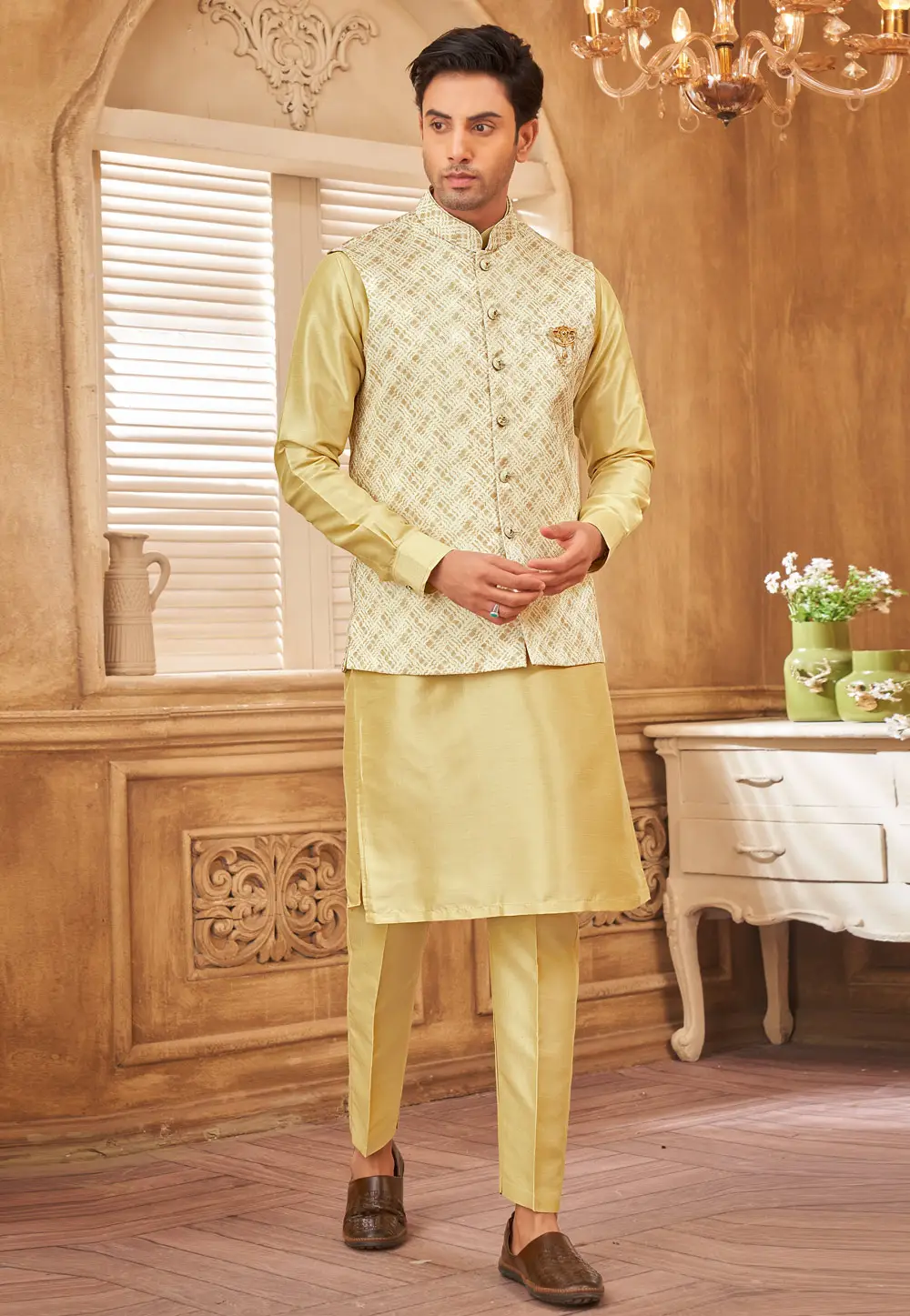 Yellow Jacquard Silk Kurta Pajama With Jacket 296693