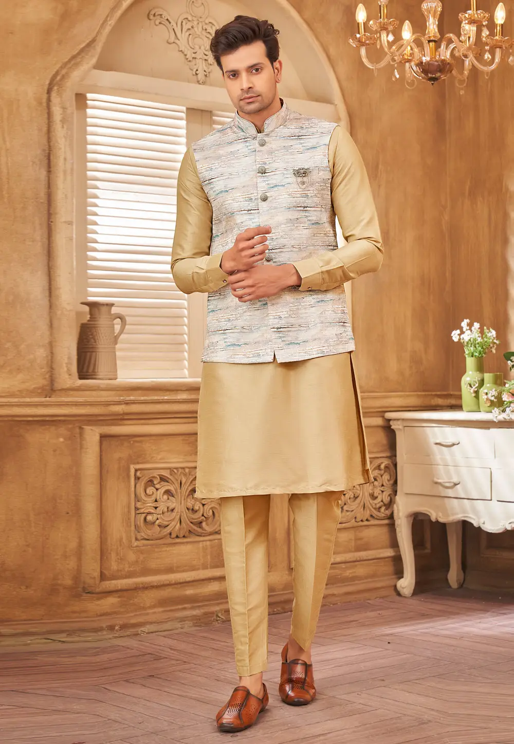 Yellow Jacquard Silk Kurta Pajama With Jacket 296695