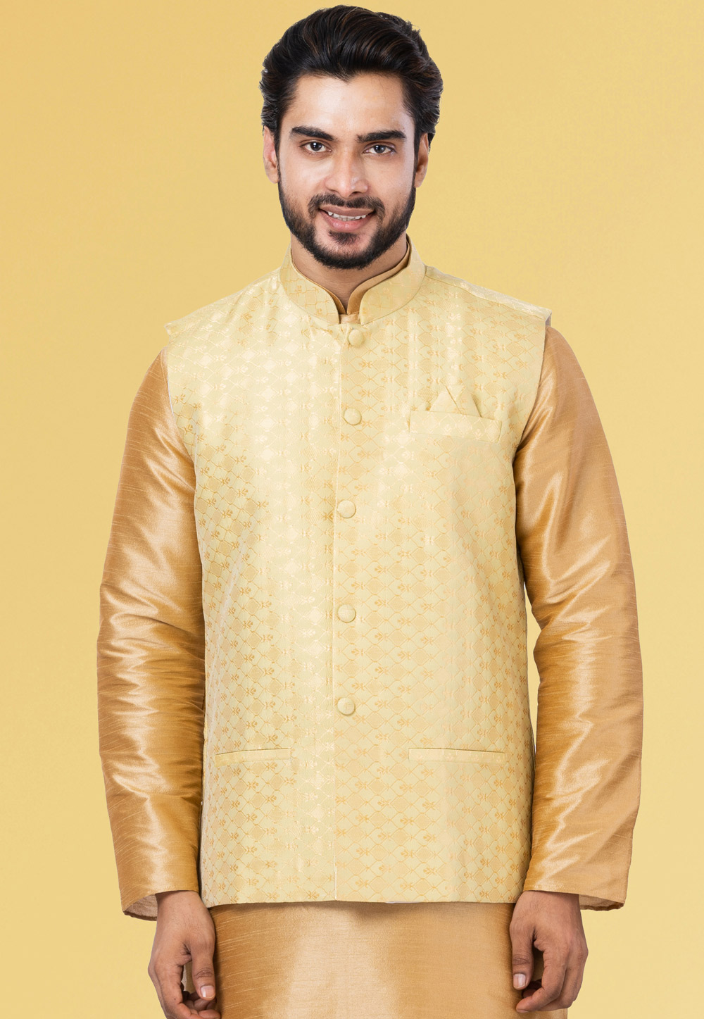 Yellow Jacquard Silk Nehru Jacket 286924