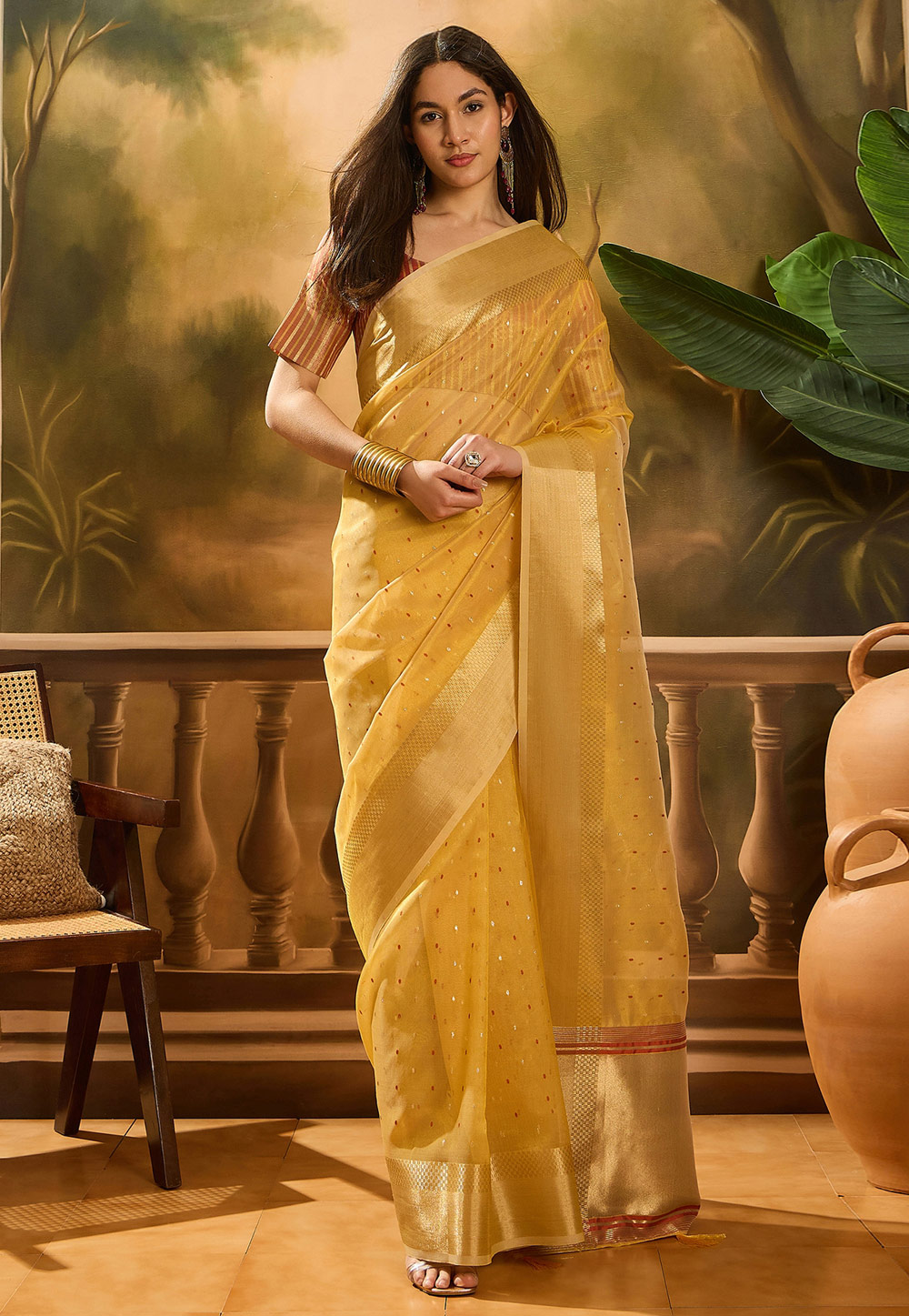 Yellow Khadi Saree With Blouse 309132