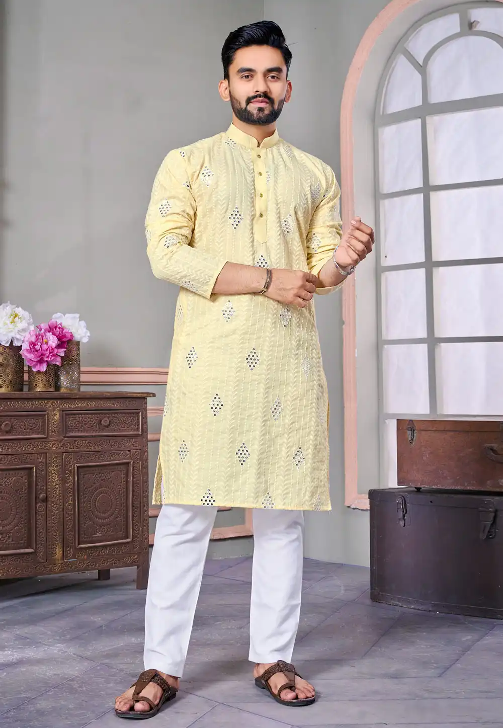 Yellow Linen Kurta Pajama 293834