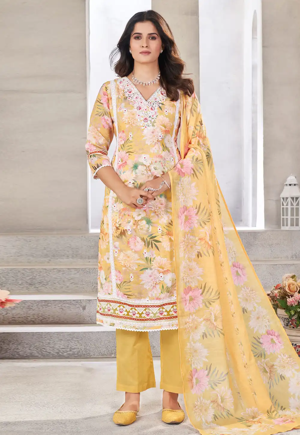 Yellow Linen Readymade Pant Style Suit 290330