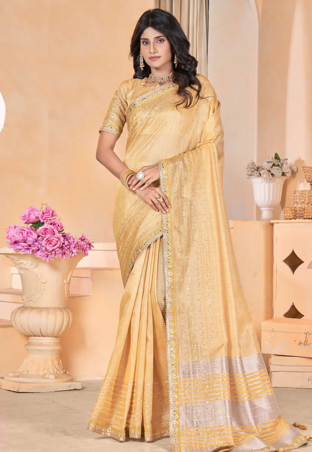 Yellow Linen Saree With Blouse 301704