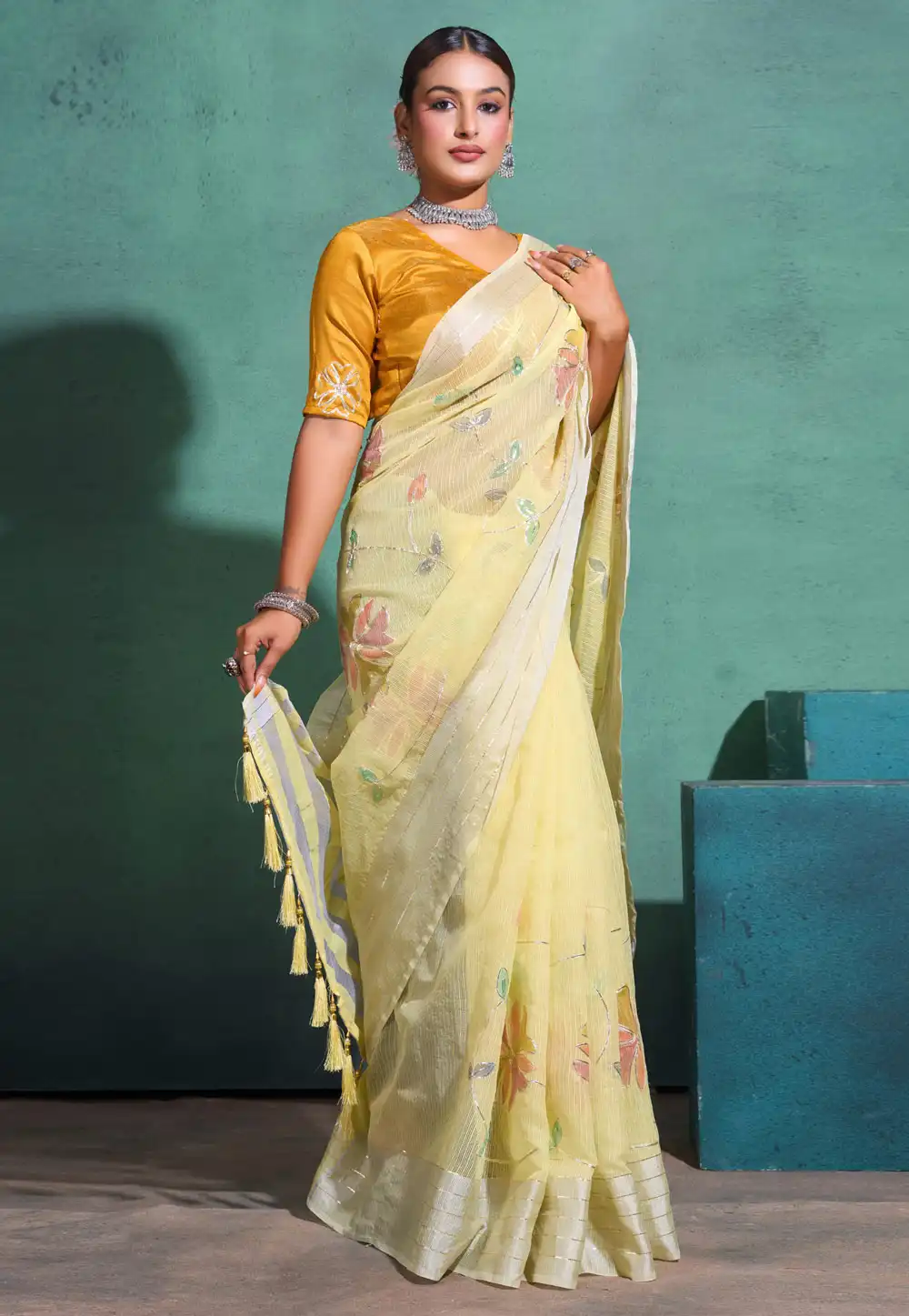 Yellow Linen Saree With Blouse 289298