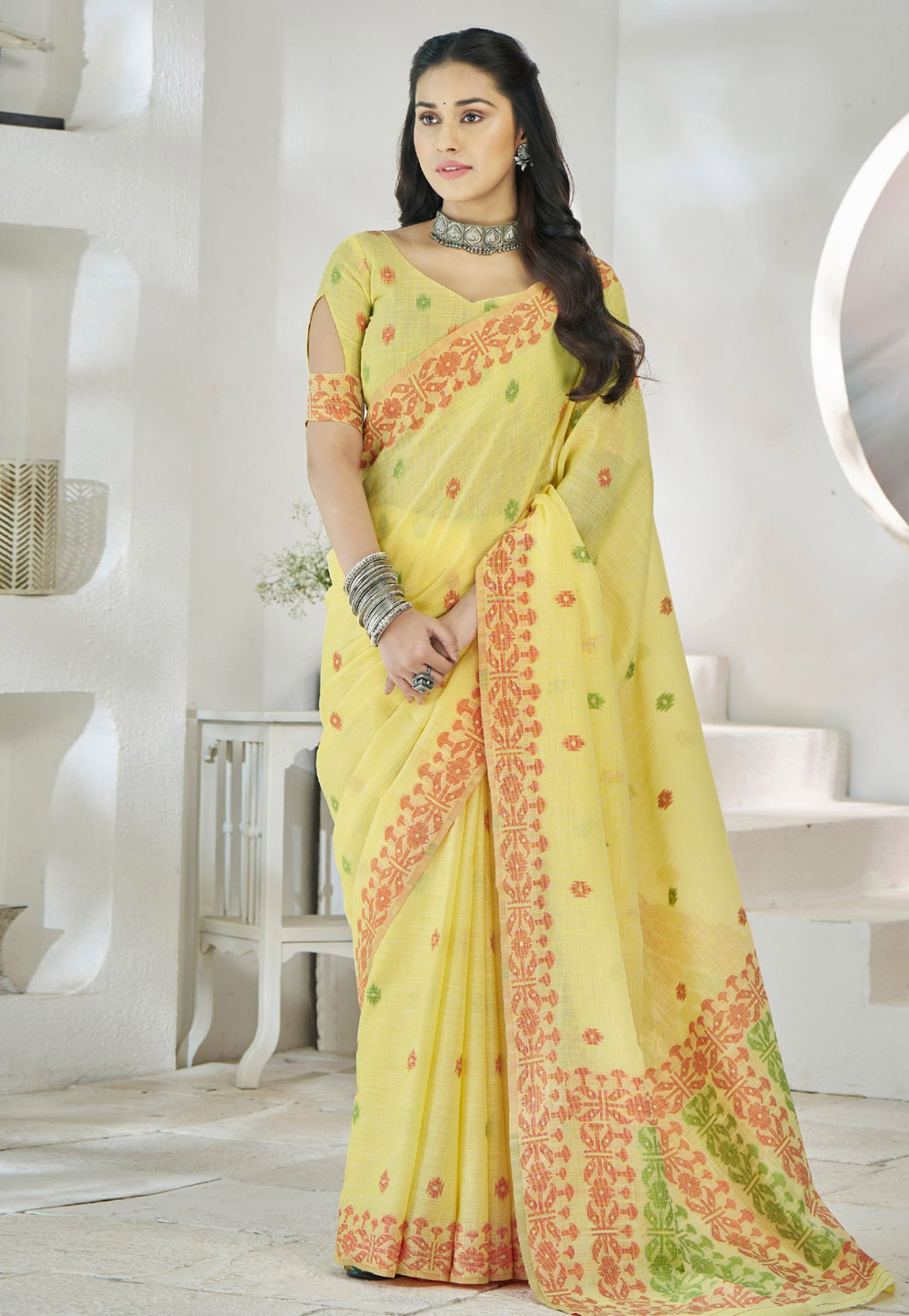 Yellow Linen Saree With Blouse 305795