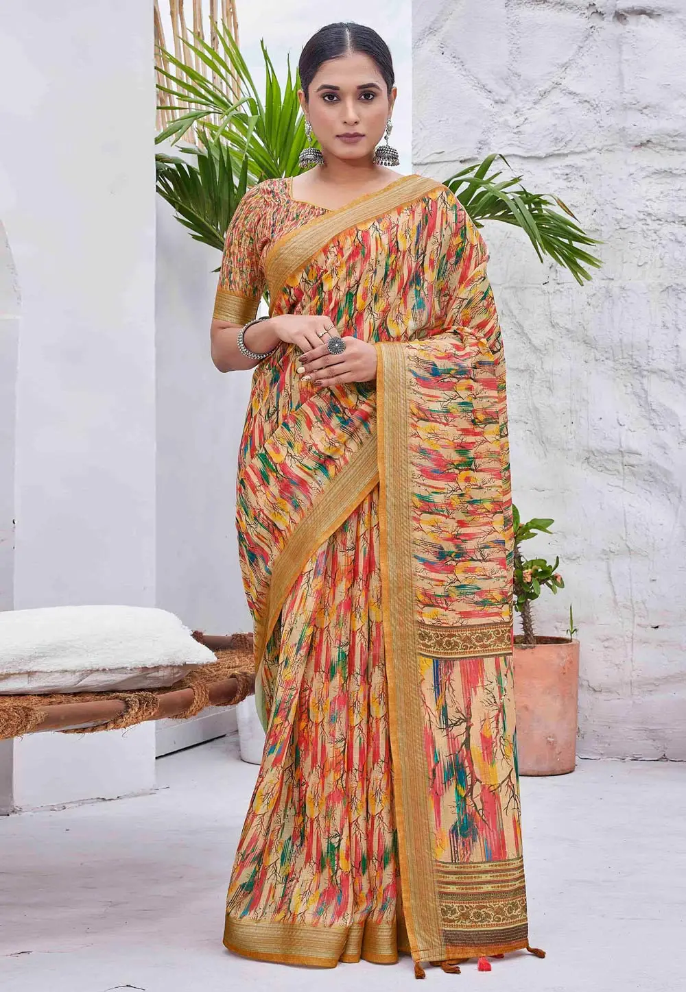 Yellow Linen Saree With Blouse 296057