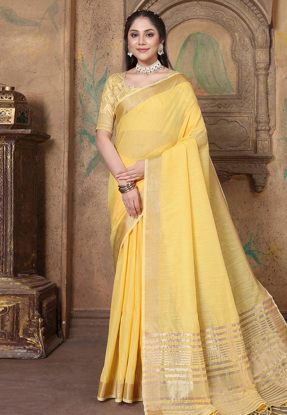 Yellow Linen Saree With Blouse 279759