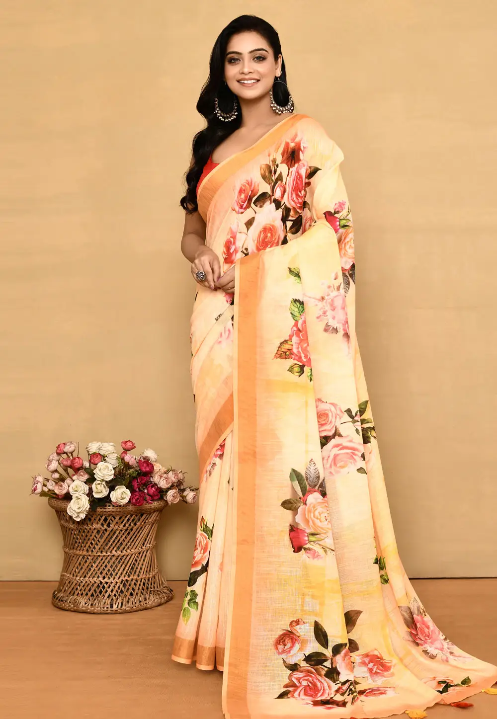 Yellow Linen Saree With Blouse 296296