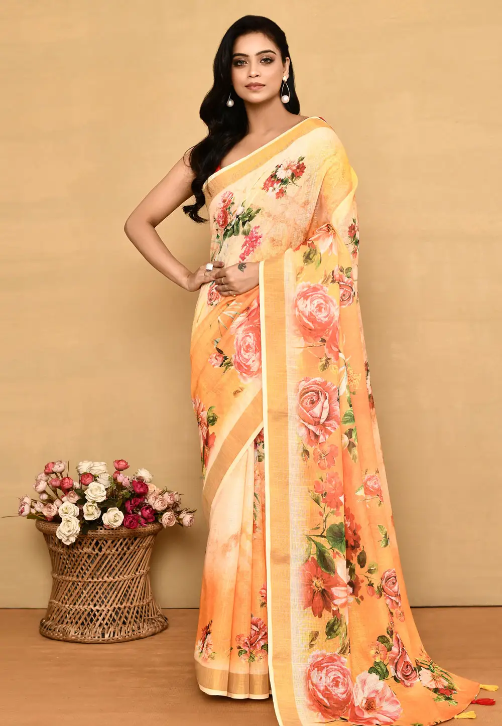 Yellow Linen Saree With Blouse 296297