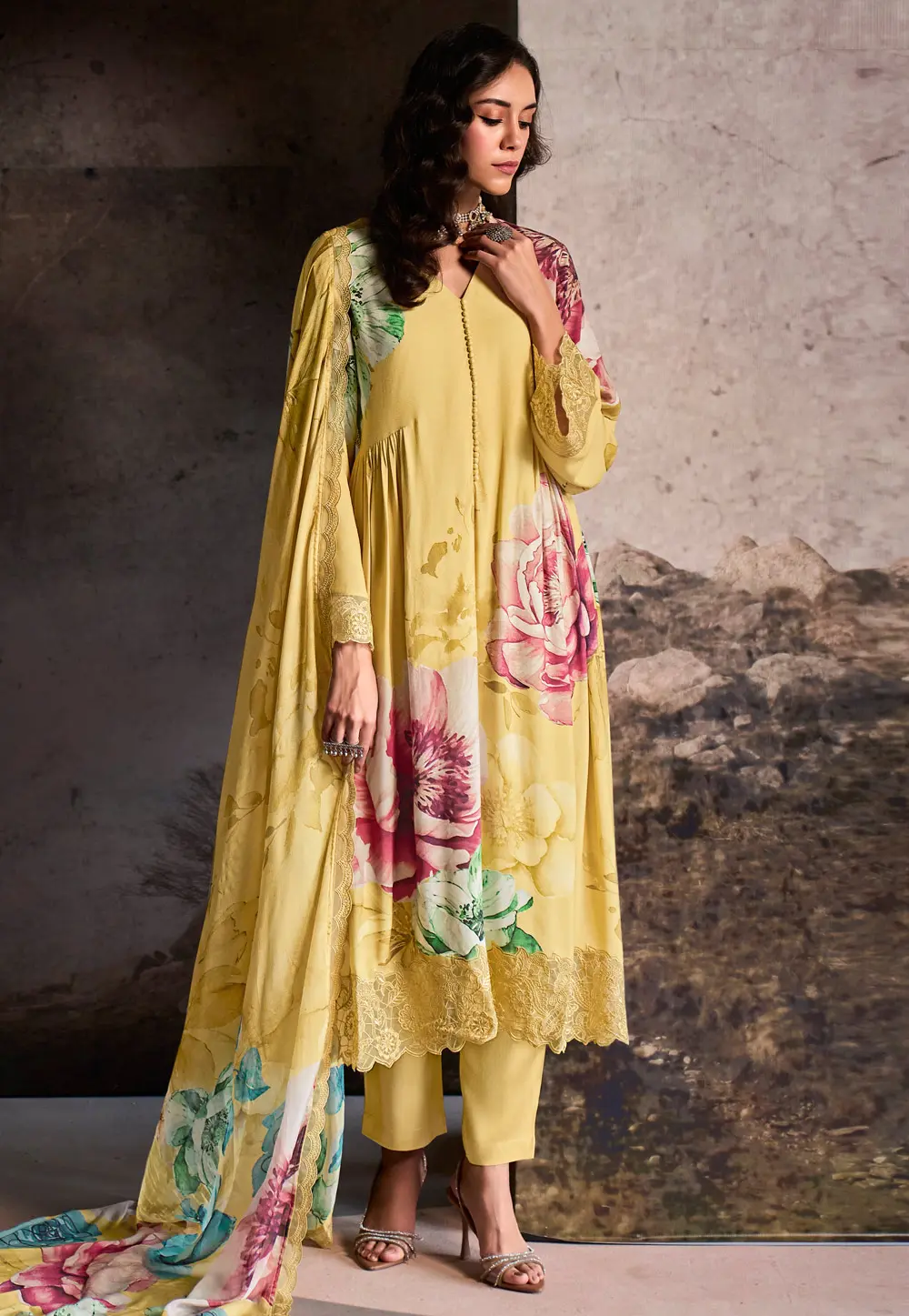 Yellow Muslin Pakistani Suit 297942