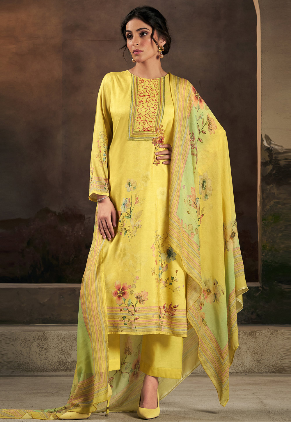 Yellow Muslin Palazzo Suit 311048