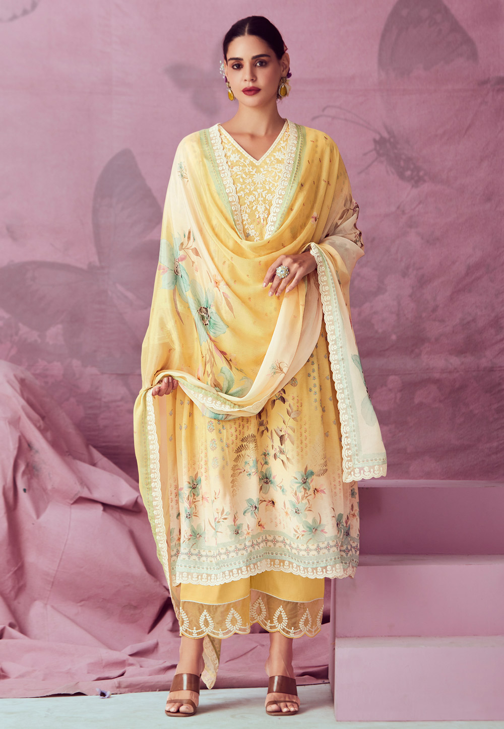 Yellow Muslin Pant Style Suit 286418