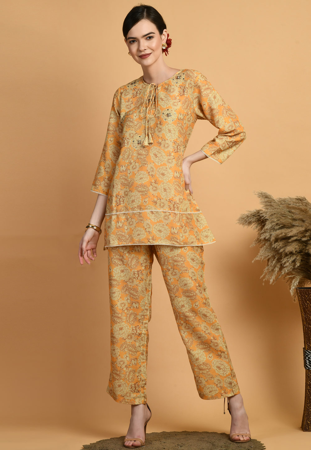 Yellow Muslin Printed Co-Ords Set 305451