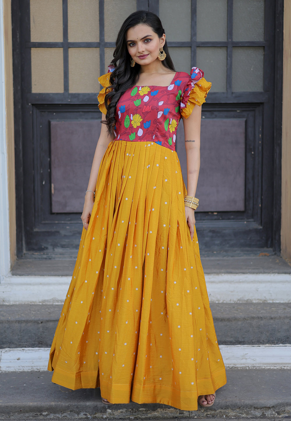 Yellow Muslin Printed Gown 284888