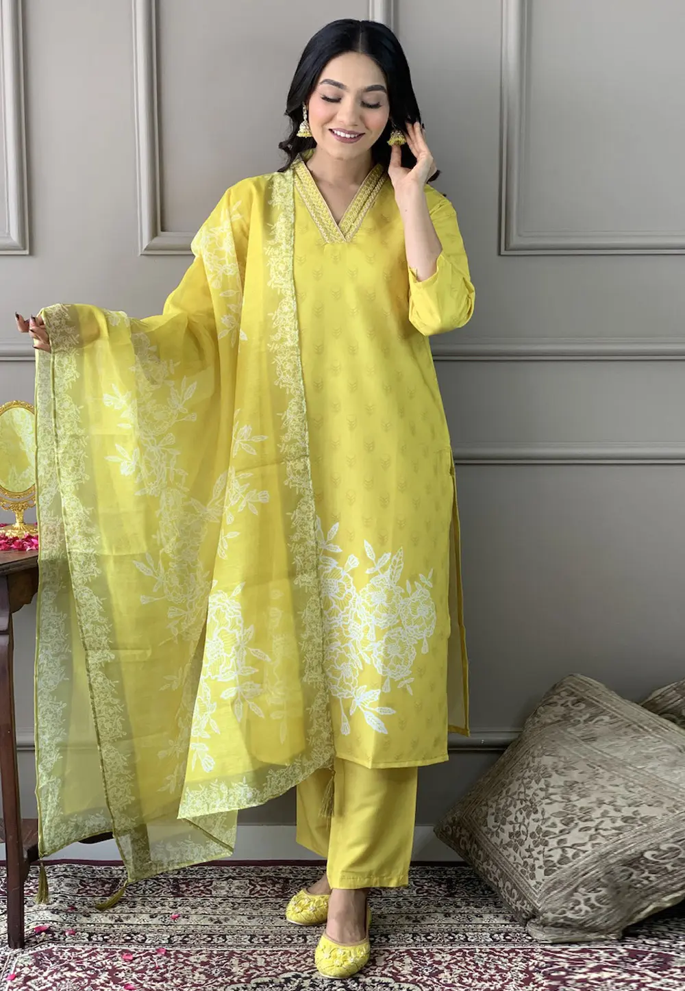 Yellow Muslin Readymade Pant Style Suit 303977