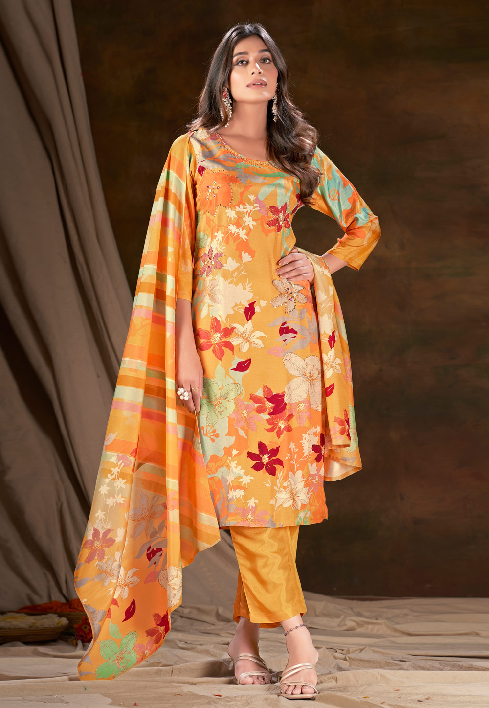 Yellow Muslin Readymade Pant Style Suit 281871
