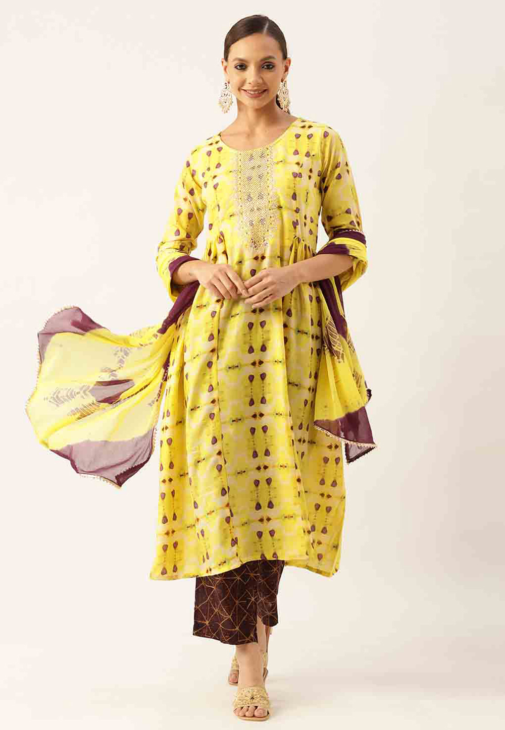 Yellow Muslin Readymade Pant Style Suit 280812