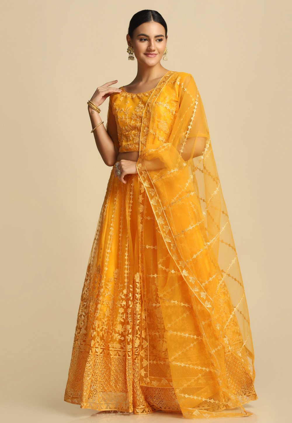 Yellow Net A Line Lehenga Choli 287443