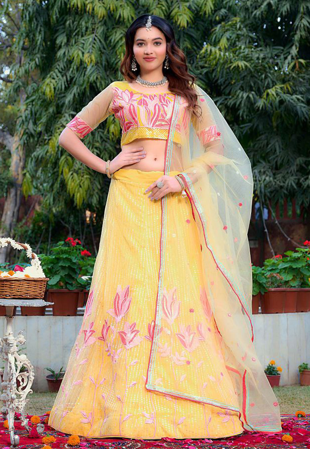 Yellow Net A Line Lehenga Choli 287374