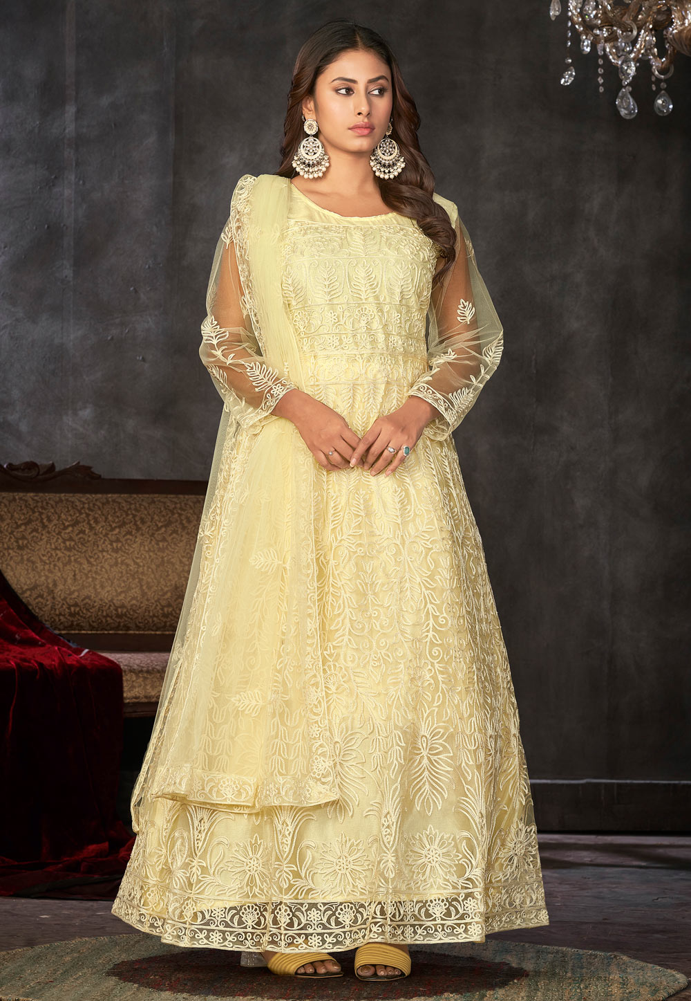 Yellow Net Embroidered Long Anarkali Suit 286878