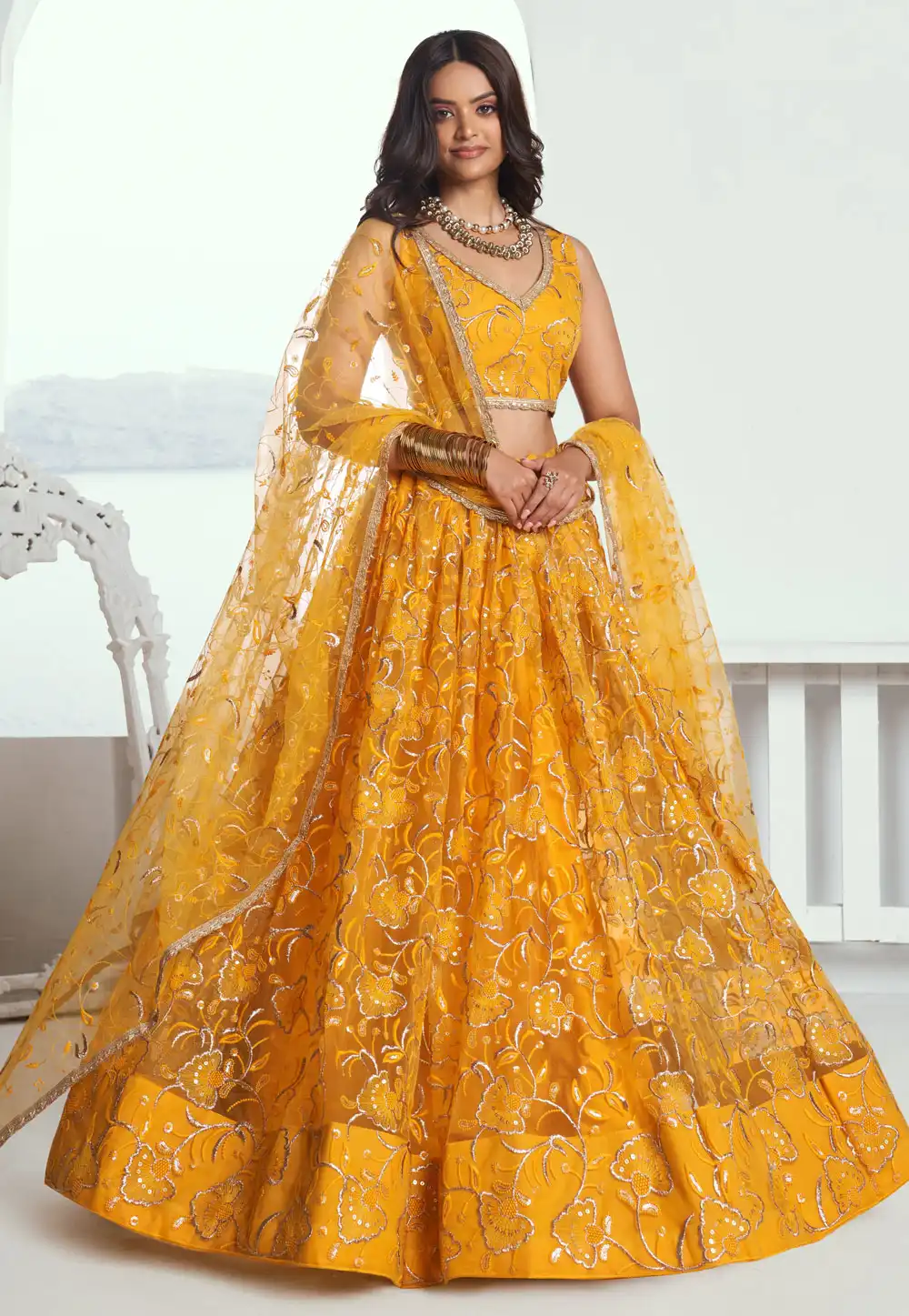 Yellow Net Lehenga Choli 294293