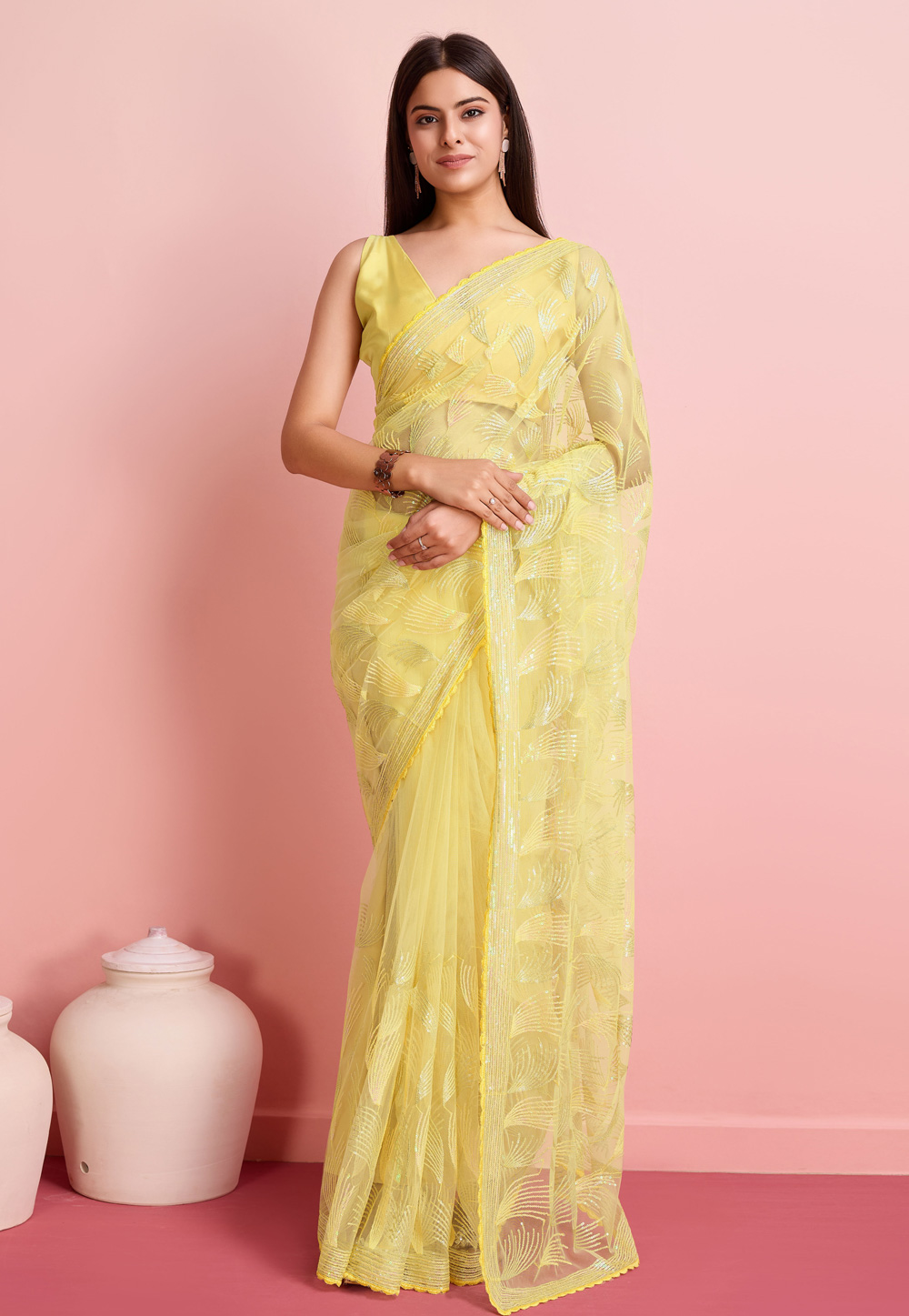 Yellow Net Saree With Blouse 286991