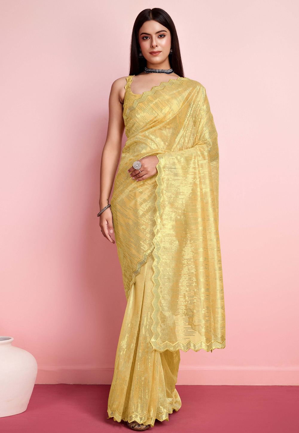 Yellow Net Saree With Blouse 287169