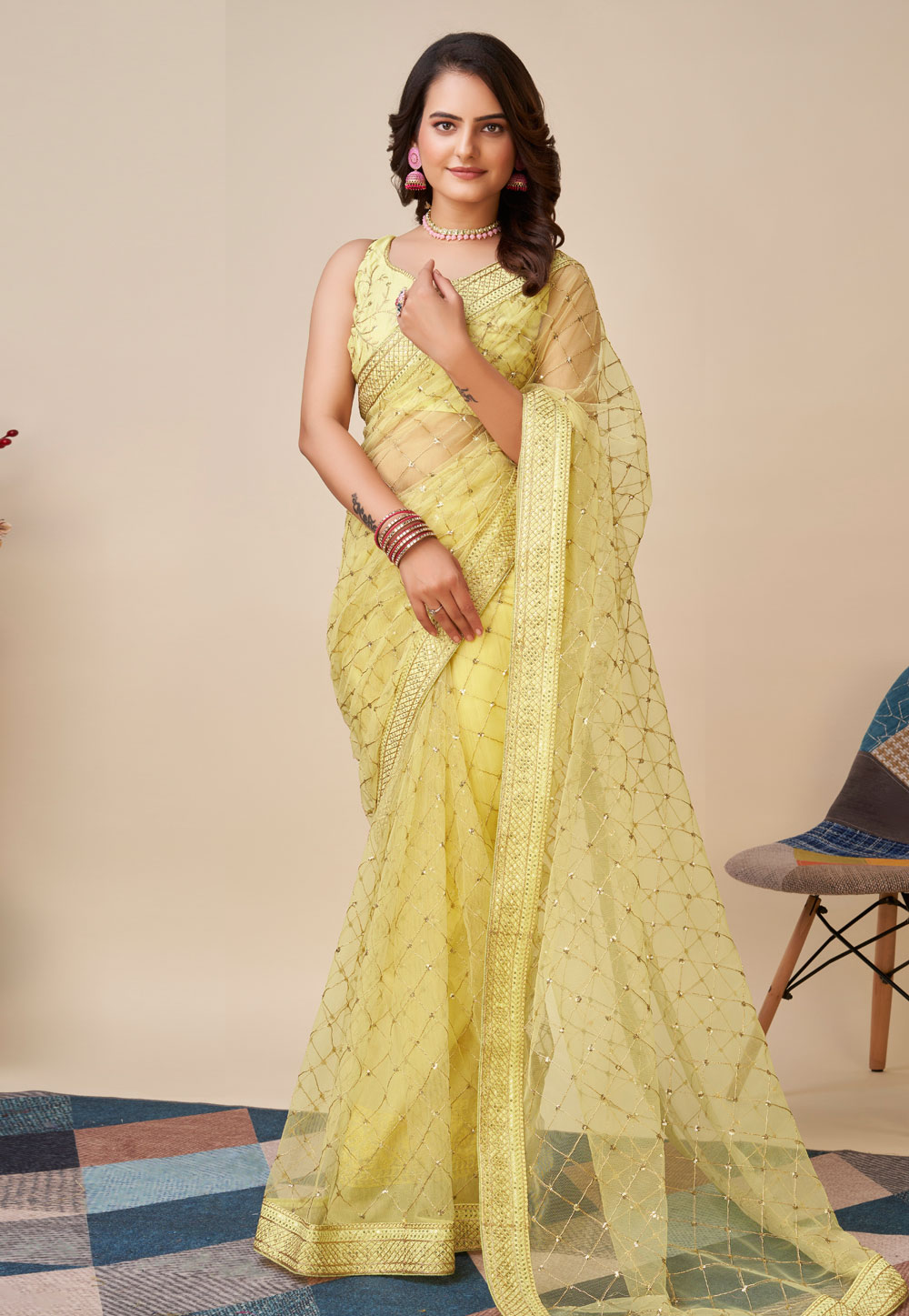 Yellow Net Saree With Blouse 287538