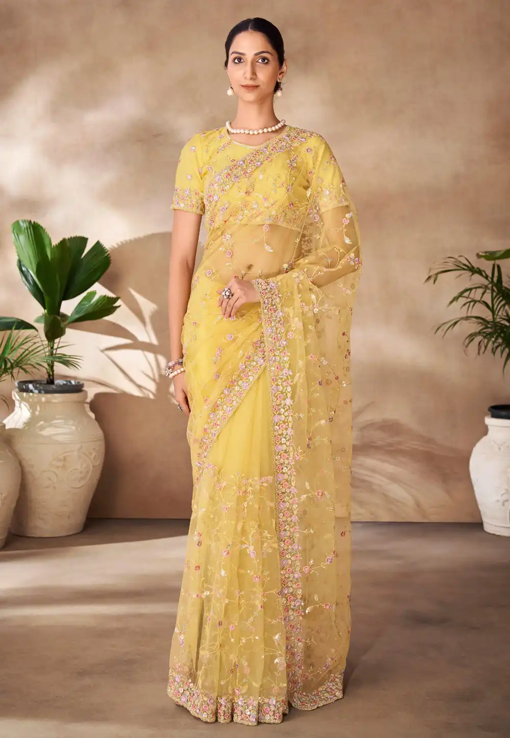Yellow Net Saree With Blouse 288563
