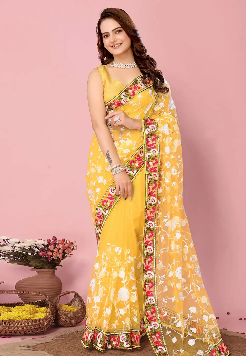 Yellow Net Saree With Blouse 289073