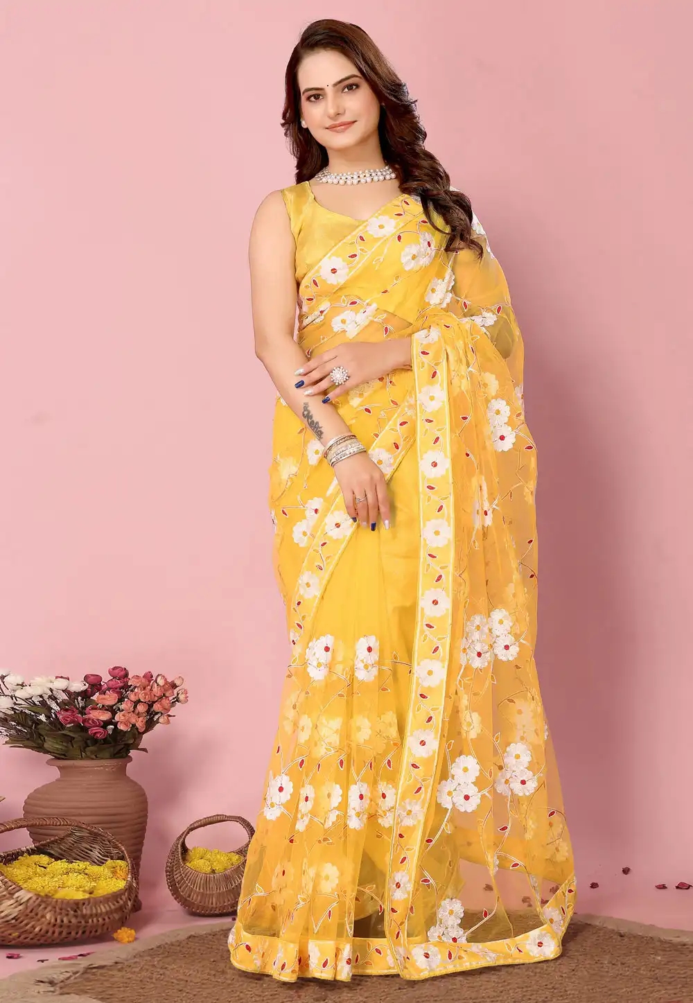 Yellow Net Saree With Blouse 289963