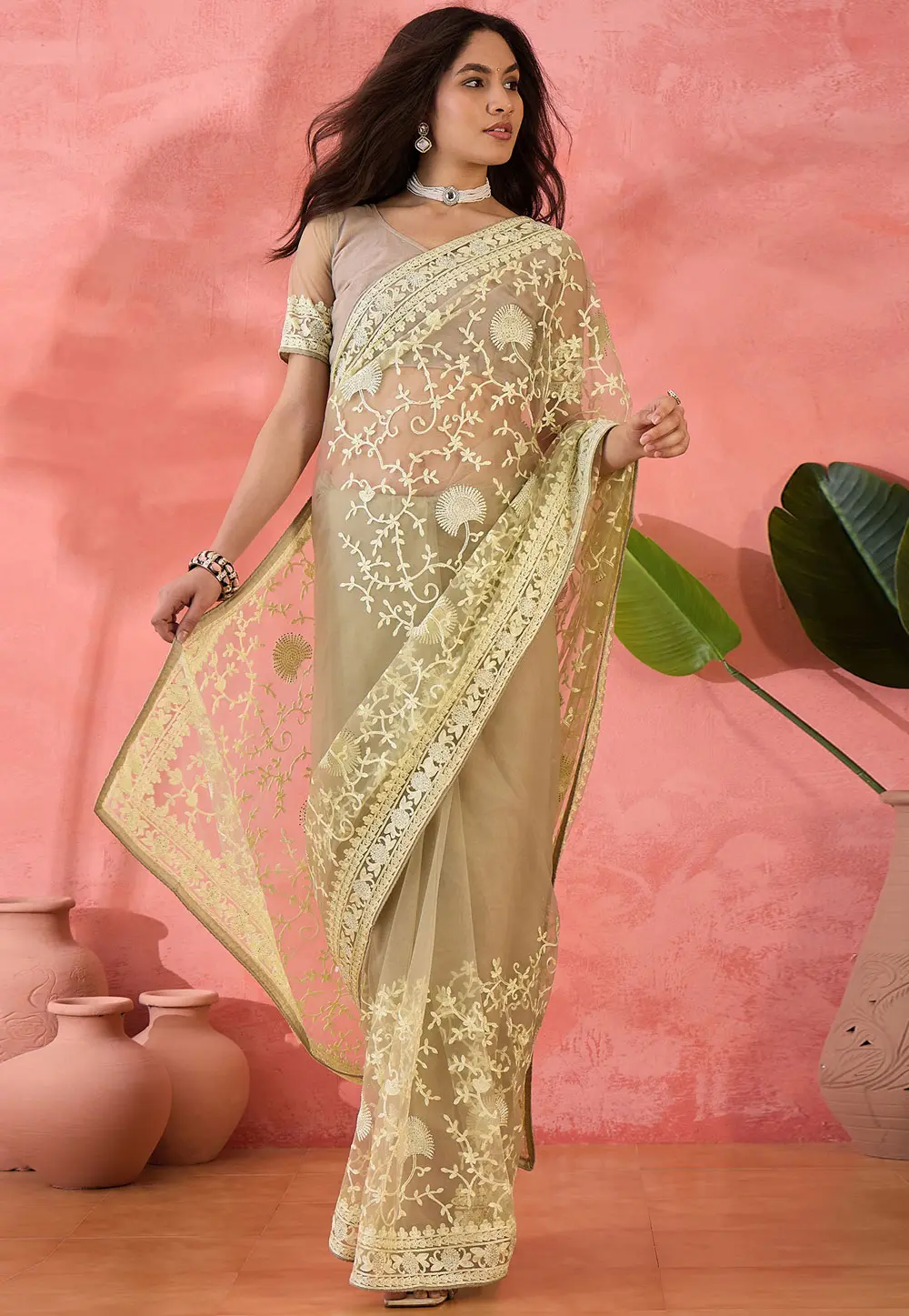 Yellow Net Saree With Blouse 304659