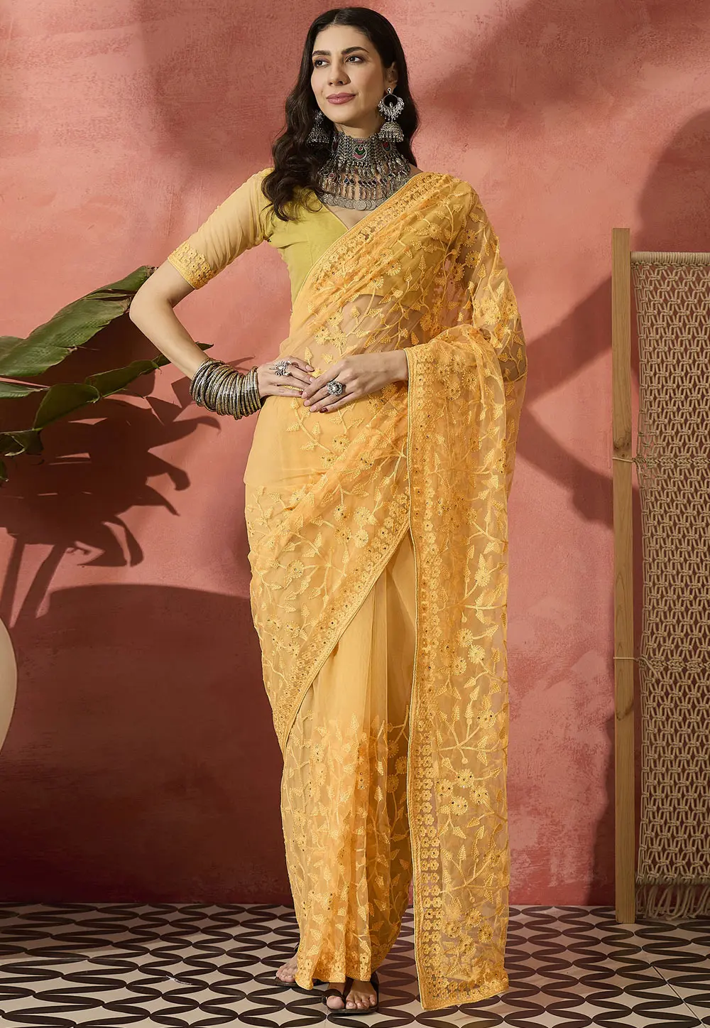 Yellow Net Saree With Blouse 304672