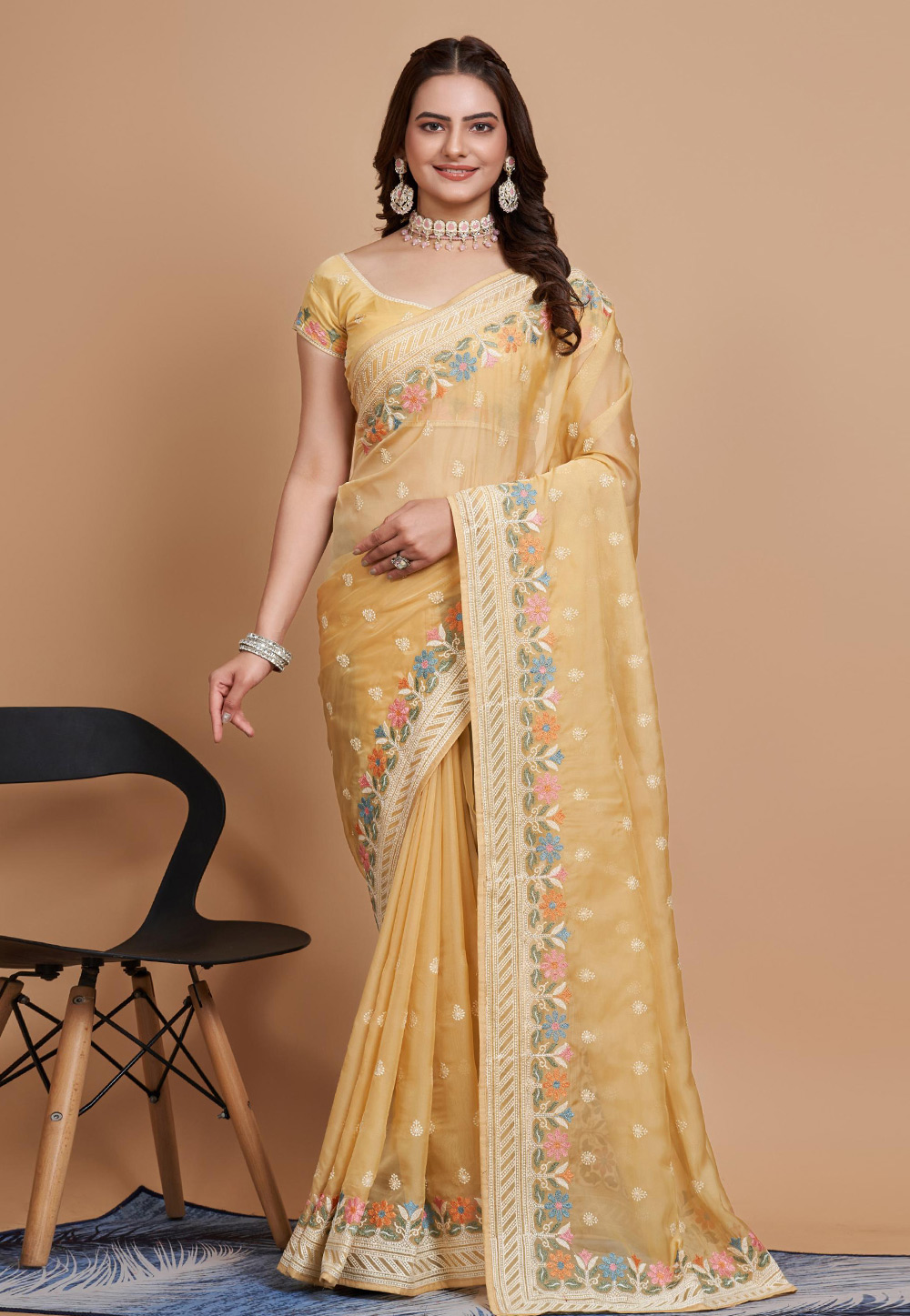 Yellow Net Saree With Blouse 283428