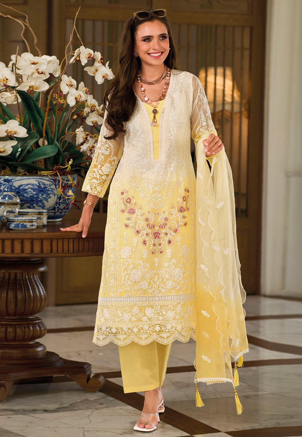 Yellow Organza Embroidered Pant Style Suit 280634