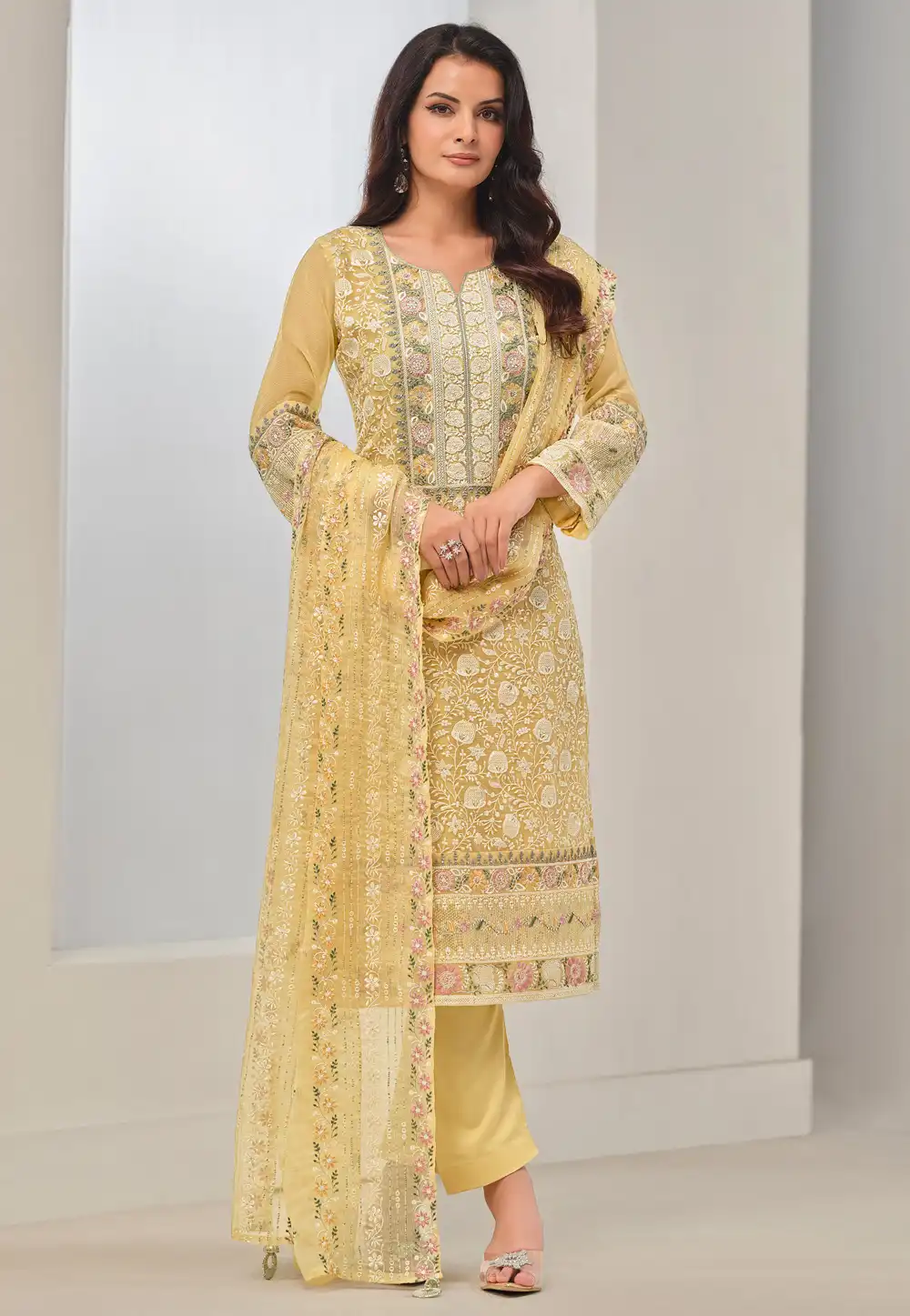 Yellow Organza Embroidered Pant Style Suit 292047