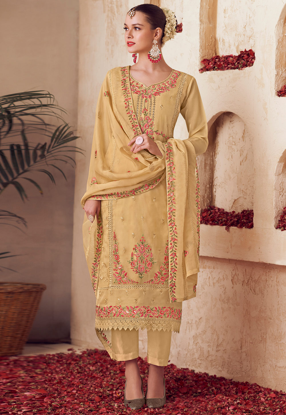 Yellow Organza Pant Style Suit 310707