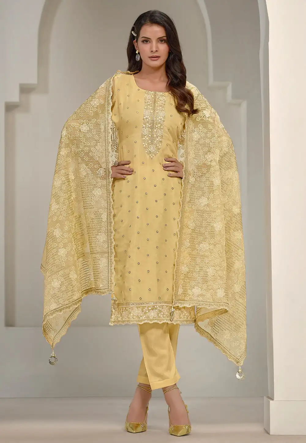 Yellow Organza Pant Style Suit 290972