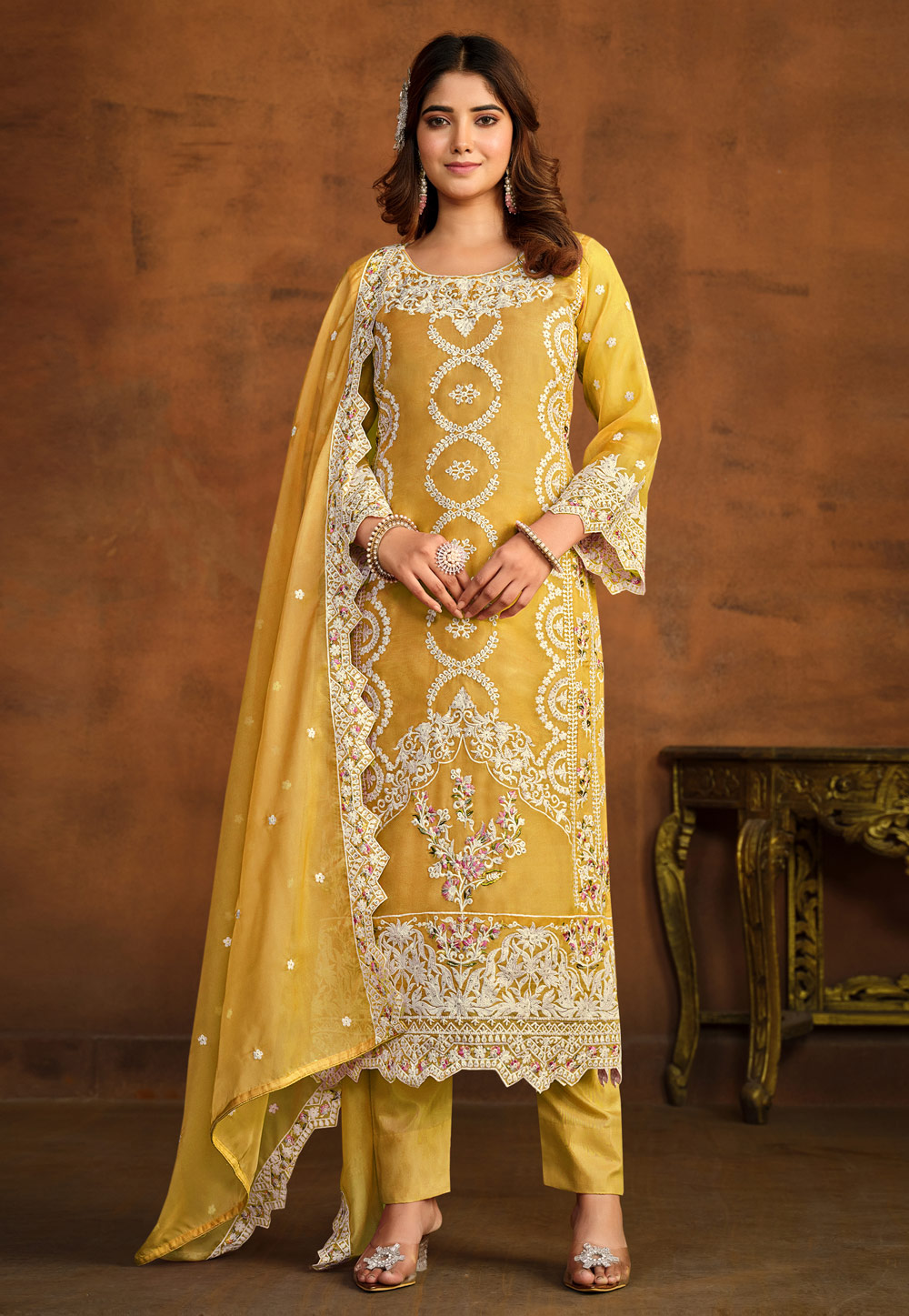 Yellow Organza Pant Style Suit 279643