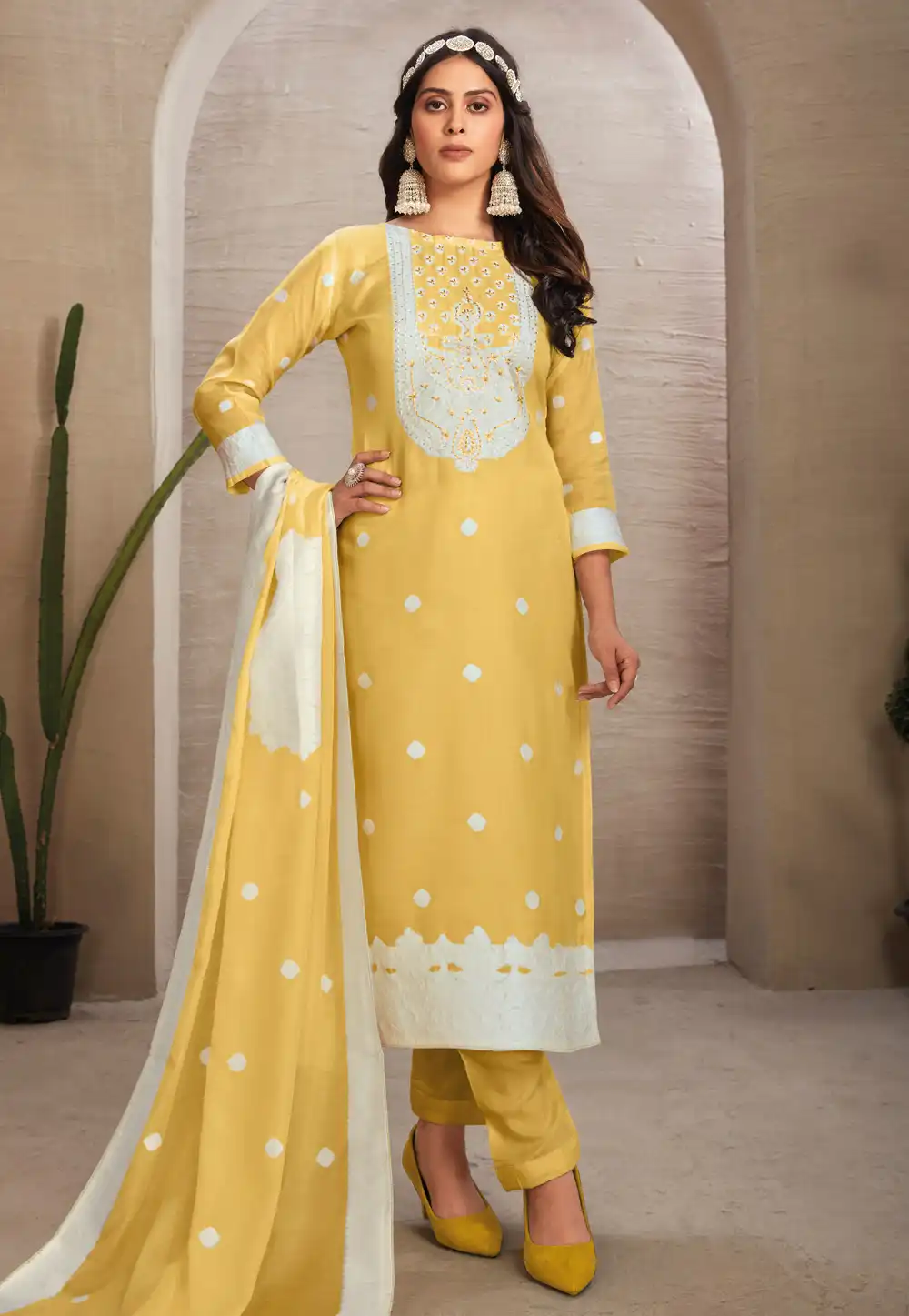 Yellow Organza Pant Style Suit 290303