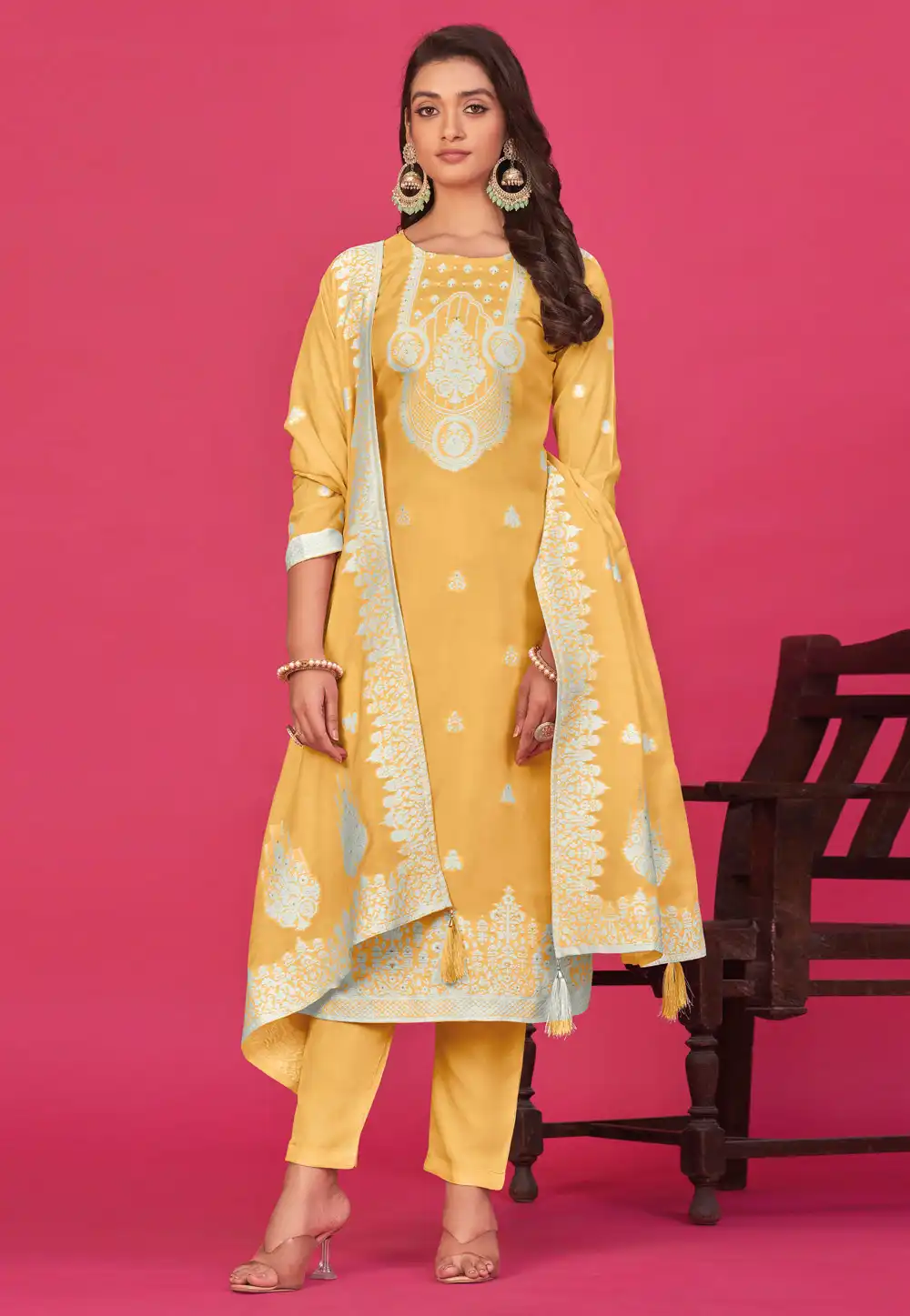 Yellow Organza Pant Style Suit 290276