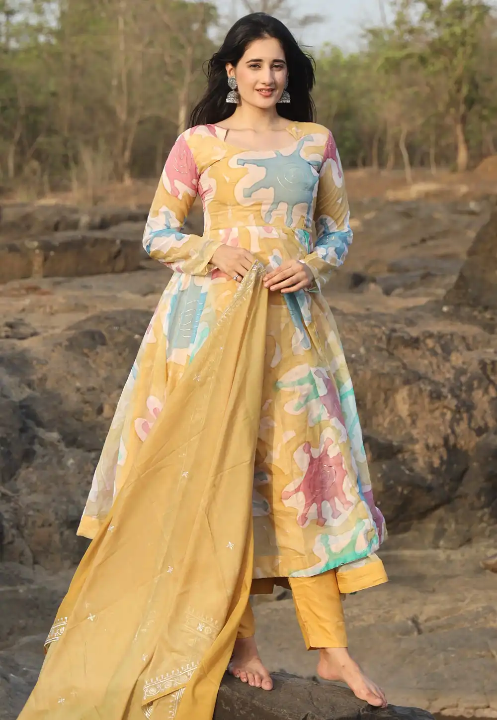 Yellow Organza Readymade Anarkali Suit 293888