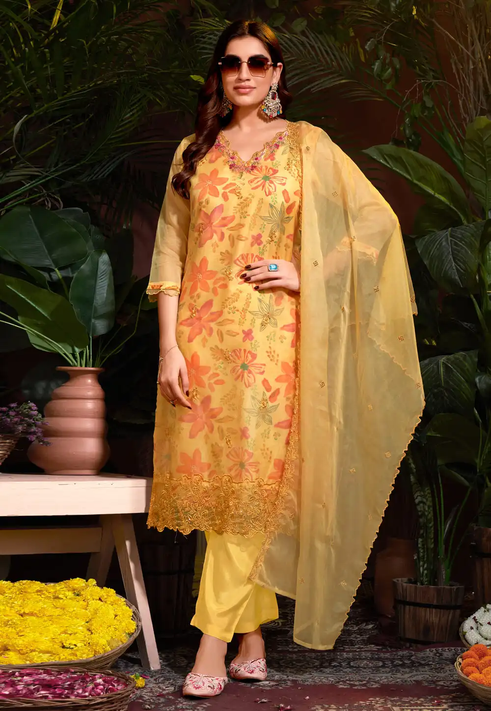 Yellow Organza Readymade Pakistani Suit 288386