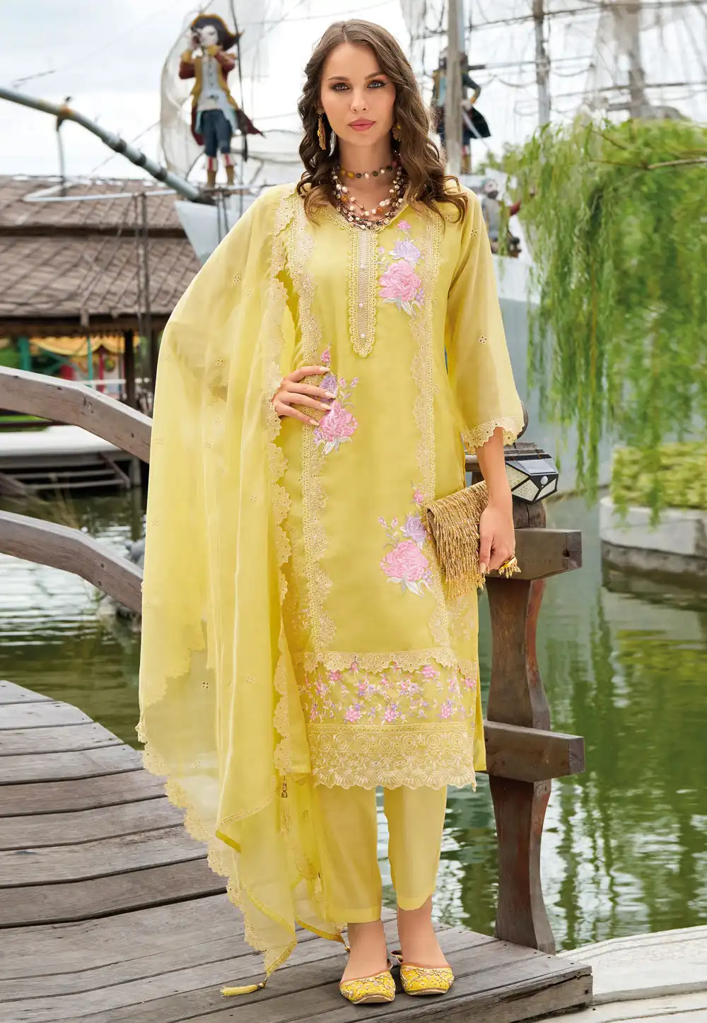 Yellow Organza Readymade Pant Style Suit 292169