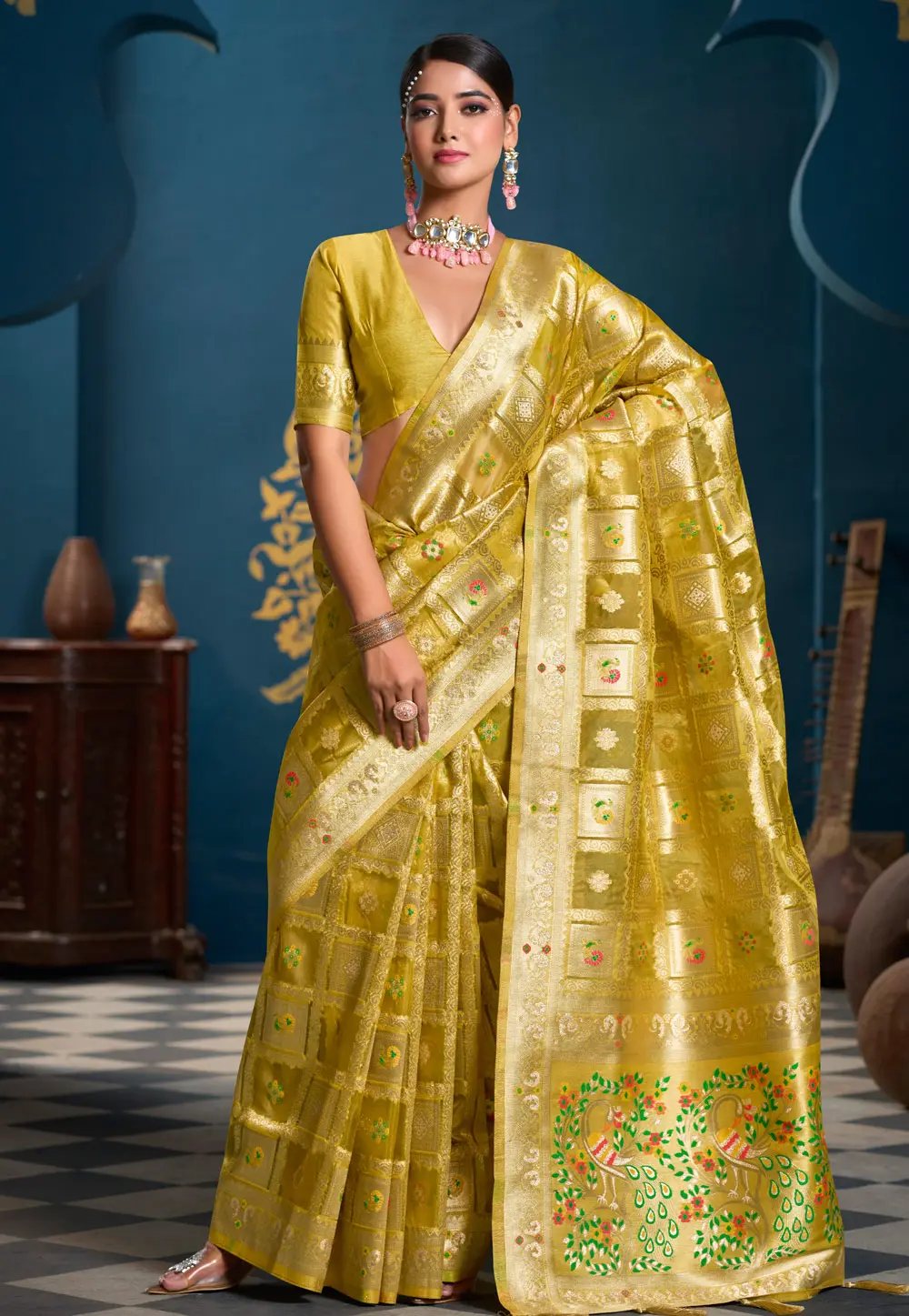 Yellow Organza Saree With Blouse 303588