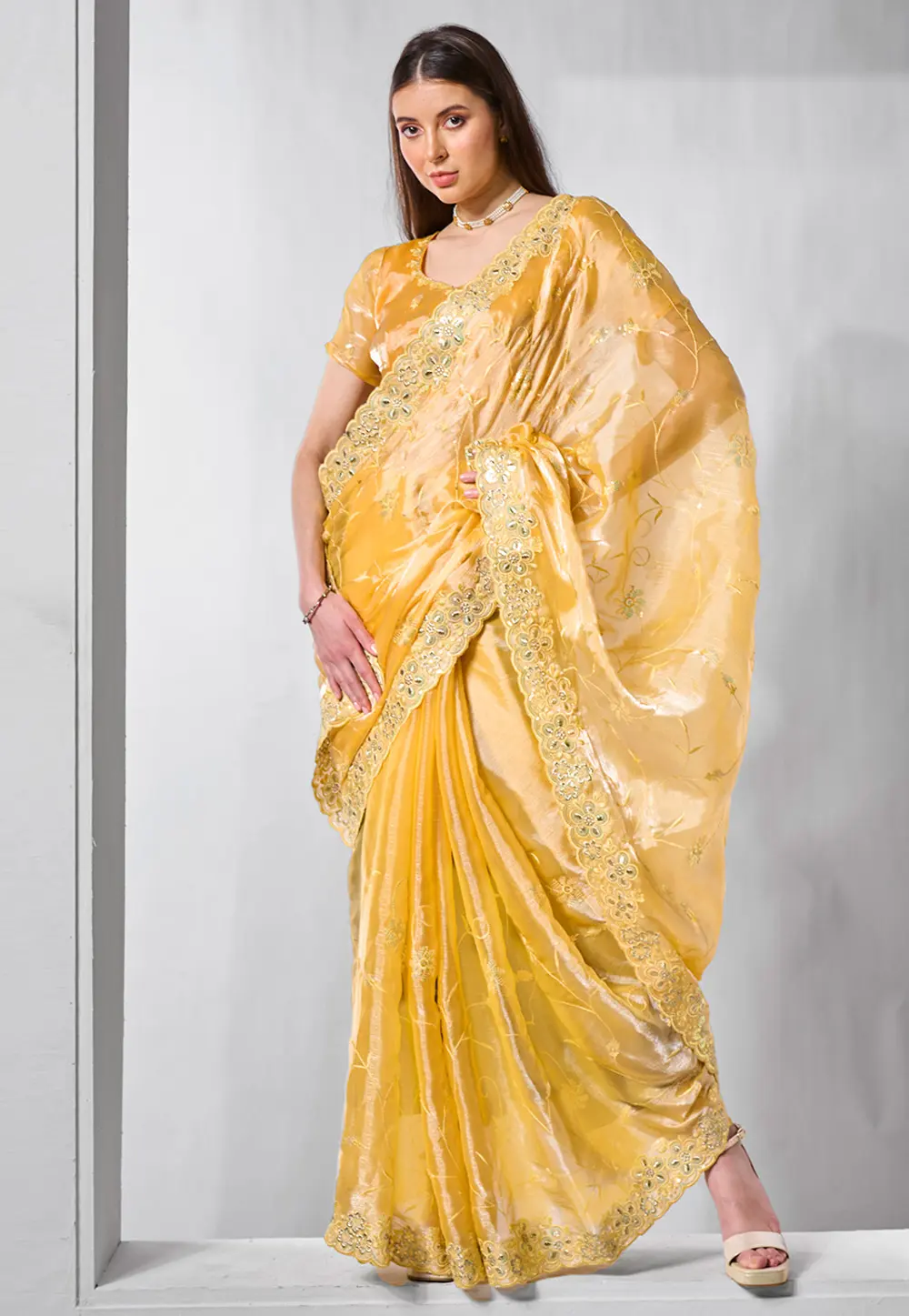 Yellow Organza Saree With Blouse 299043