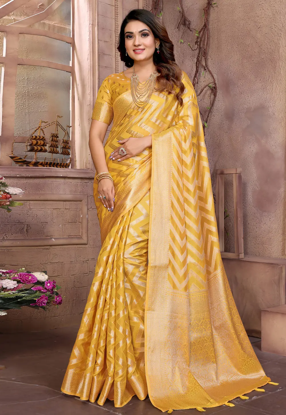 Yellow Organza Saree With Blouse 304546